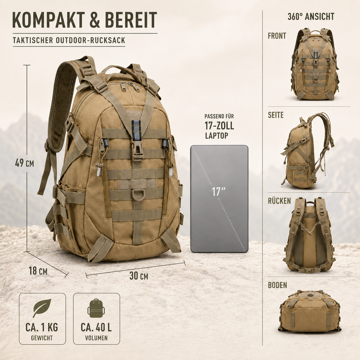 Geräumiger taktischer Outdoor-Rucksack (40 Liter) in Hellbraun, vielseitig.