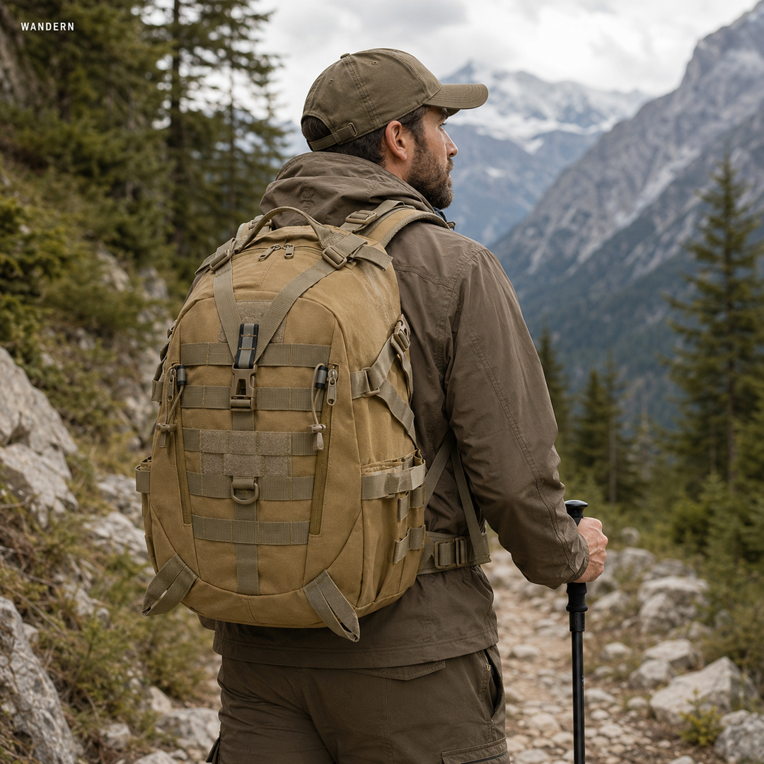 Schwarzer taktischer 40-Liter-Rucksack, robust für Outdoor-Abenteuer & Alltag.