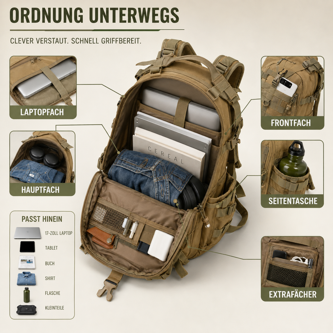 Vielseitiger 40L Reise-Rucksack, taktisches Design, in Schwarz für Abenteuer.