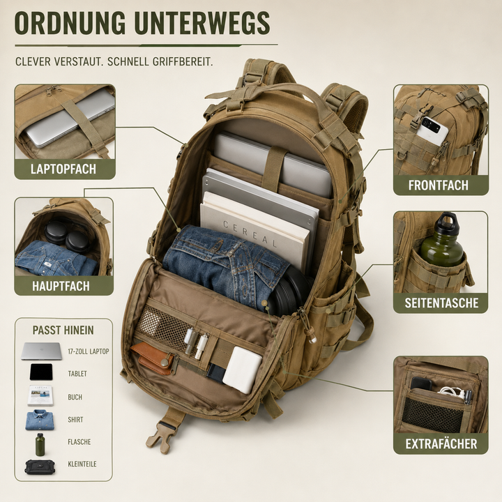 Vielseitiger 40L Reise-Rucksack, taktisches Design, in Schwarz für Abenteuer.