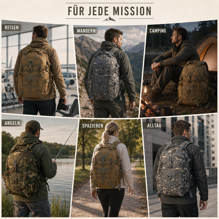 Taktischer 40 Liter Wanderrucksack, Camouflage, mit robustem MOLLE-System.