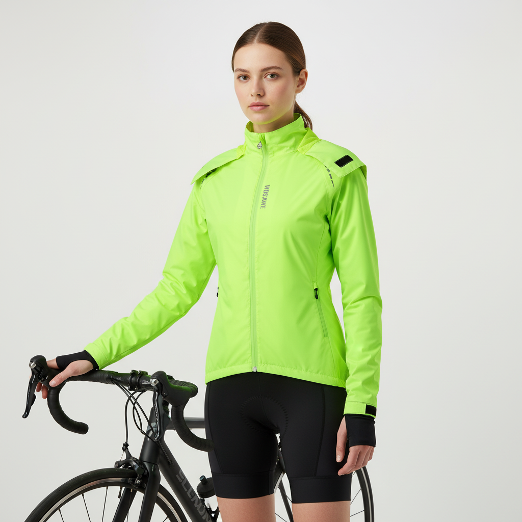 Mann trägt schwarze/grüne Herren Hochsichtbarkeits-Radjacke, Frontansicht, bereit für sichere Fahrten.