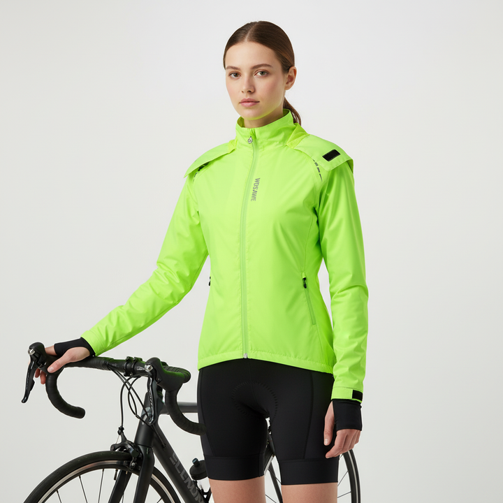 Mann trägt schwarze/grüne Herren Hochsichtbarkeits-Radjacke, Frontansicht, bereit für sichere Fahrten.