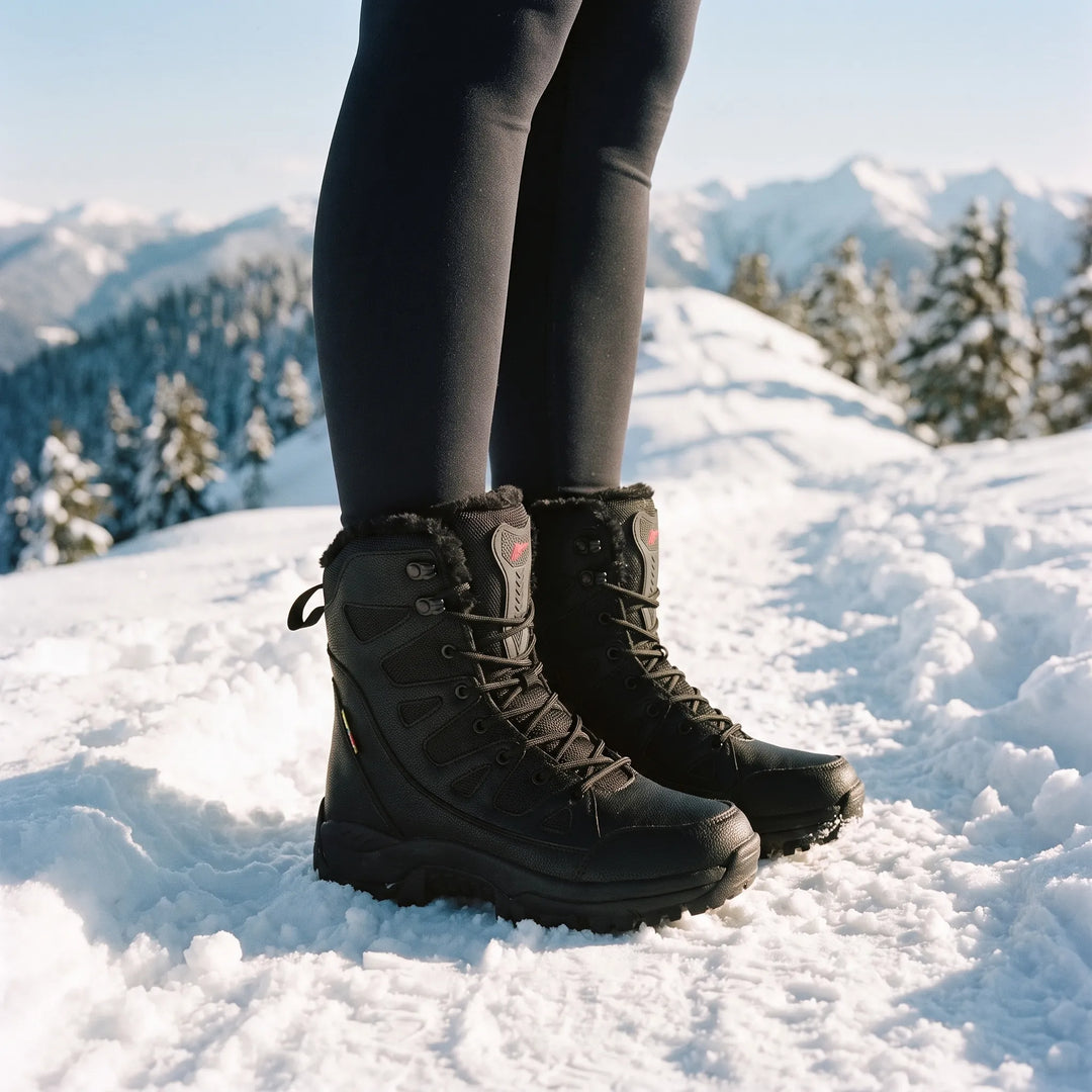 Schwarze Damen Winter Wanderstiefel mit Profilsohle für sicheres Trekking im Schnee.