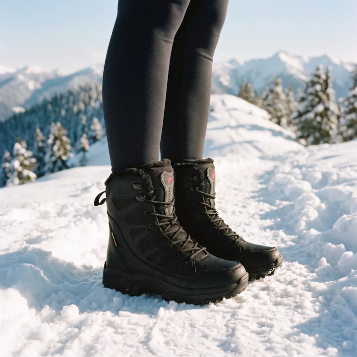 Schwarze Damen Winter Wanderstiefel mit Profilsohle für sicheres Trekking im Schnee.