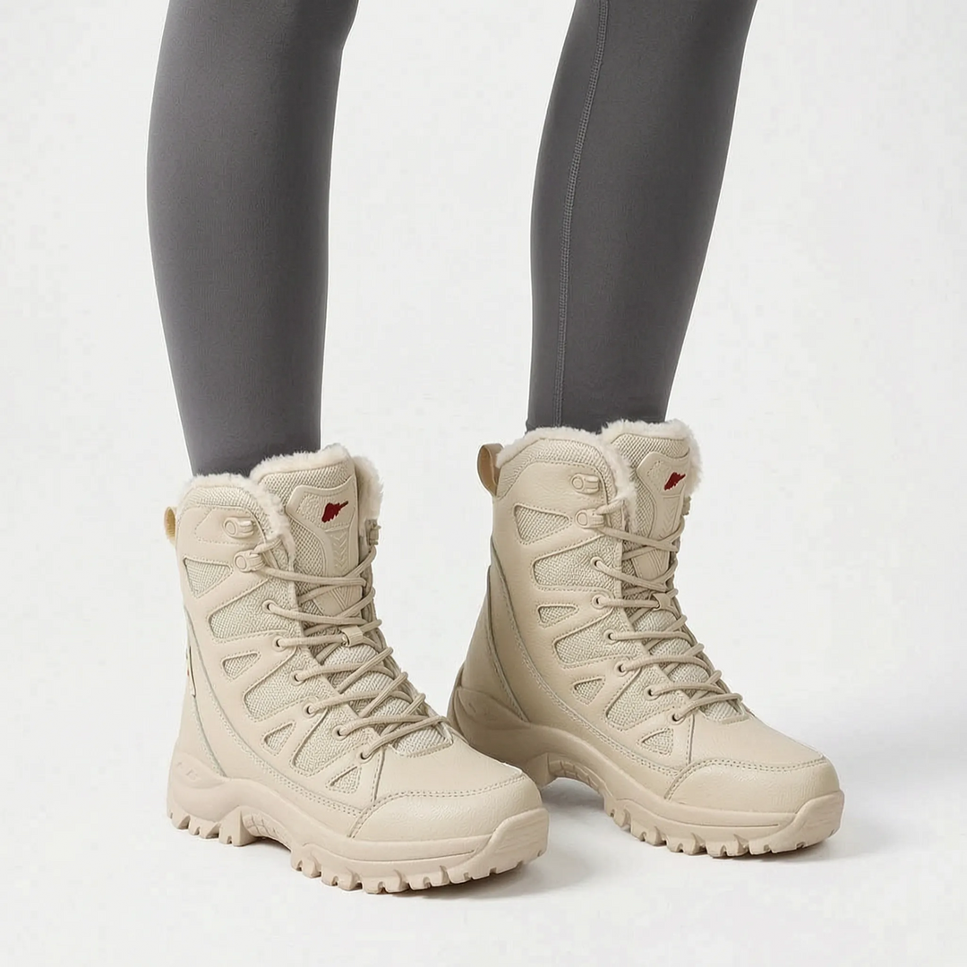 Bequeme beige Damen Wanderschuhe mit griffiger Profilsohle für winterliche Outdoor-Touren.