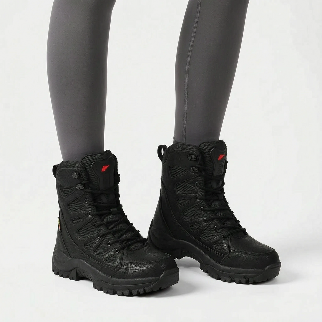 Wasserdichte schwarze Damen Winter Wanderstiefel, warm gefüttert & knöchelhoch für Schnee.