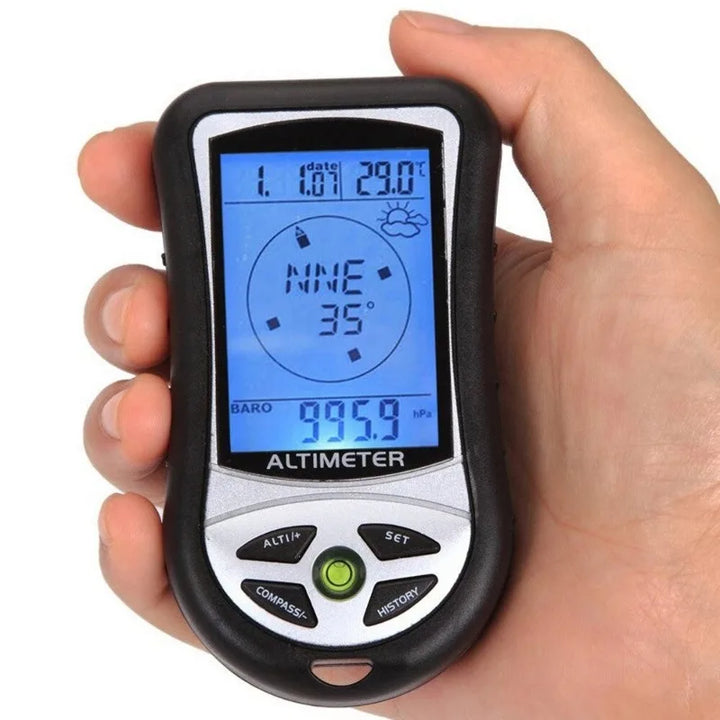 All-in-One Outdoor-Kompass mit Höhenmesser, Barometer, Thermometer. Tragbares Messinstrument für Navigation & Wetter.