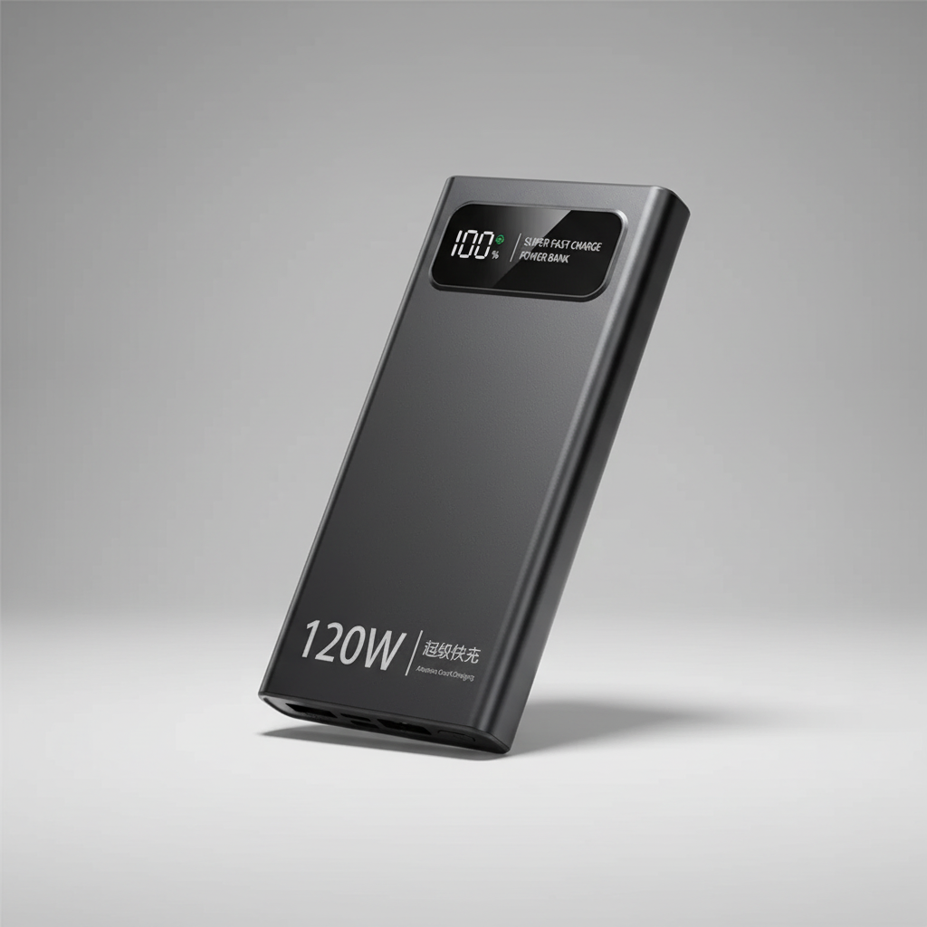 Schwarze mobile Powerbank mit 20.000 mAh und Digitalanzeige für USB-C Geräte.
