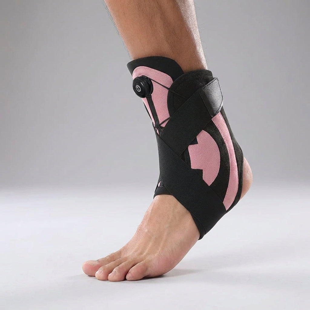 Nahaufnahme atmungsaktiver Kompressions-Knöchelbandage für Gelenkschutz, Stabilität & Komfort bei Fitness.