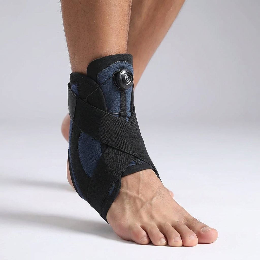 Schwarze Knöchelbandage bei Verstauchung, bietet Kompression, Schmerzlinderung & Gelenkschutz für den Knöchel.