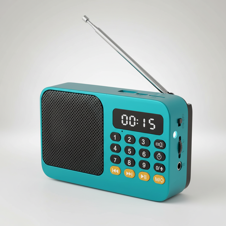 Wiederaufladbares Notfunkradio mit Bluetooth-Musikplayer, Akku und praktischer Trageschlaufe.