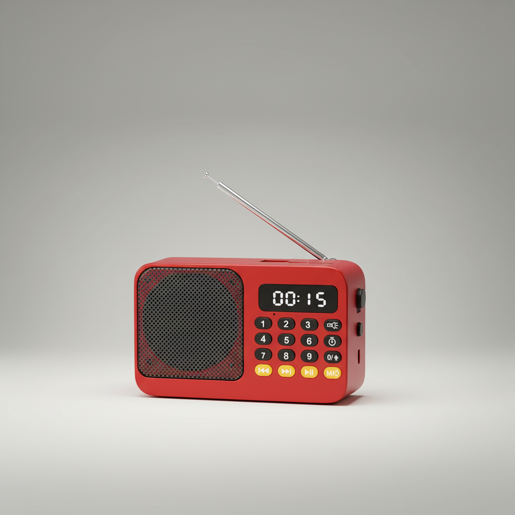Tragbares Notfunkradio mit Bluetooth-Konnektivität für Musikwiedergabe und Notbeleuchtung.