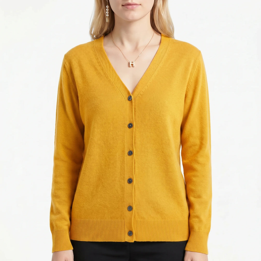 Figurschmeichelnder Damen Cardigan, V-Ausschnitt, Knöpfe, perfekt für geschmackvolle Herbst-Outfits.