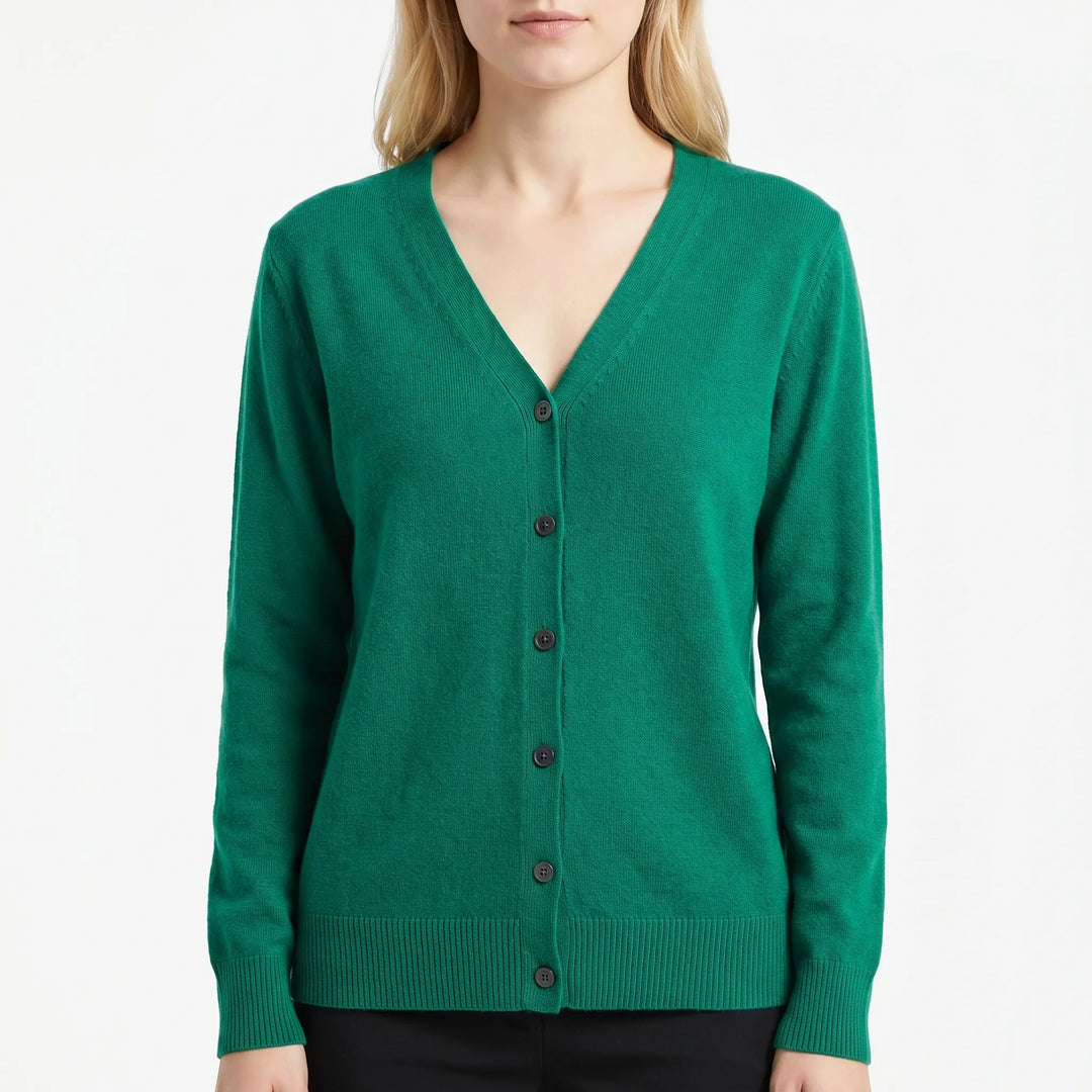 Lässige Damen Strickjacke mit V-Ausschnitt und Knöpfen, ideal als Übergangsjacke für den Alltag.