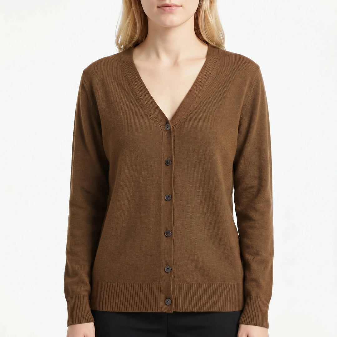 Damen Strickjacke mit V-Ausschnitt und Knöpfen im klassischen Design, vielseitig kombinierbar.