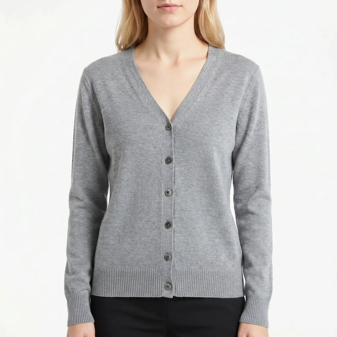 Stilvolle Damen Strickjacke, V-Ausschnitt, Knöpfe, locker geschnitten für lässige Eleganz.