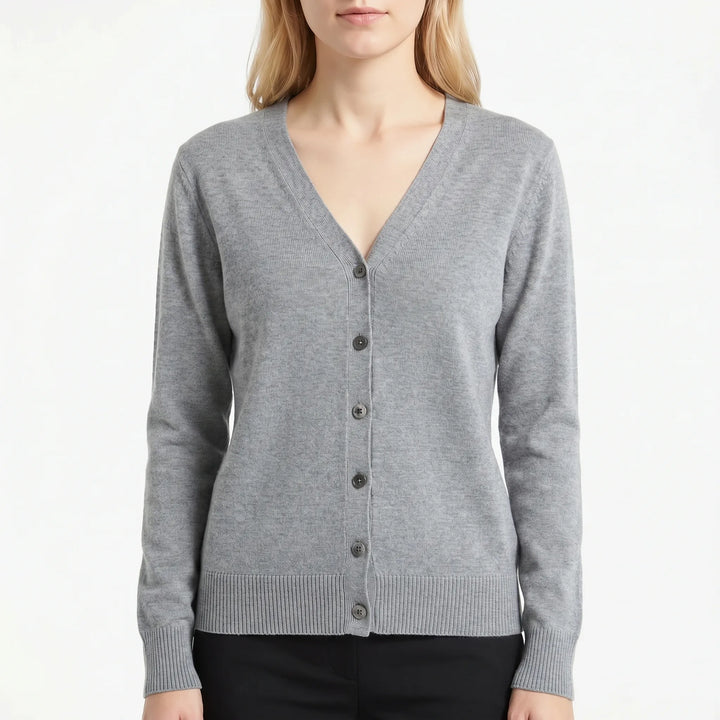 Stilvolle Damen Strickjacke, V-Ausschnitt, Knöpfe, locker geschnitten für lässige Eleganz.