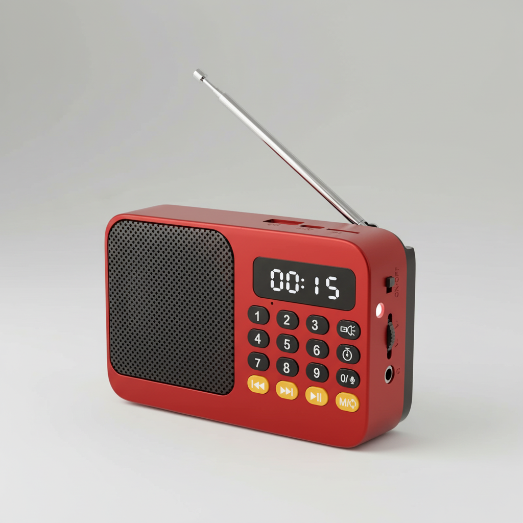 Kompaktes, wiederaufladbares Notfall-Digitalradio mit Bluetooth, FM/AM/SW und integrierter LED-Taschenlampe.