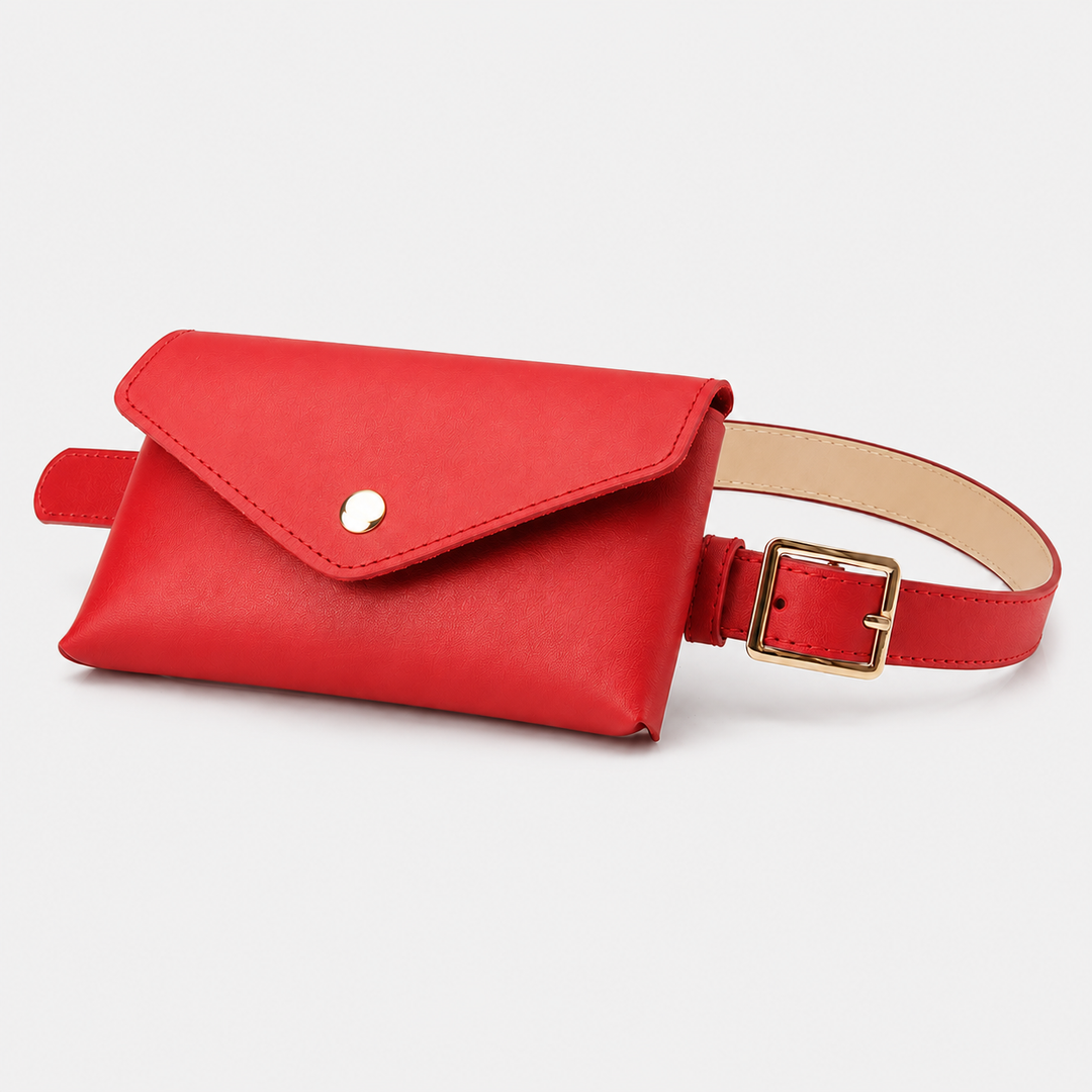 Braune Kompakte Umschlag-Gürteltasche für Damen. Modisches PU-Leder Accessoire mit verstellbarem Gürtel.