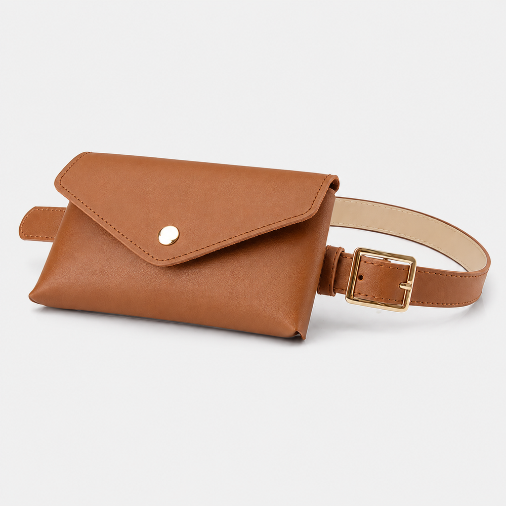 Schwarze Damengürteltasche, kompakt und freihändig. Elegante PU-Leder Hüfttasche mit Umschlag.