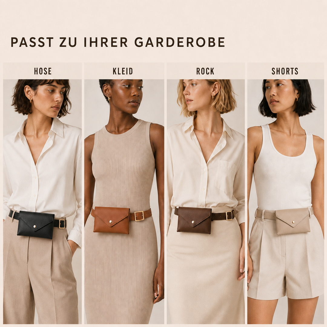 Kaffee-farbene Damen Umschlag-Gürteltasche, kompakt. Freihändiges PU-Leder Accessoire mit verstellbarem Gürtel.