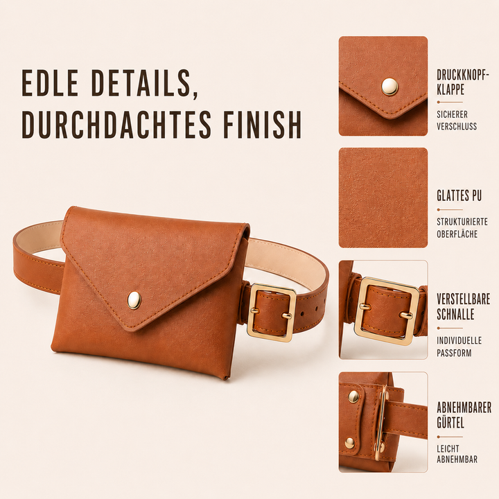 Weiße Damen Hüfttasche aus PU-Leder, Umschlag-Stil. Kompakte Bauchtasche mit Gürtel, perfekt freihändig.