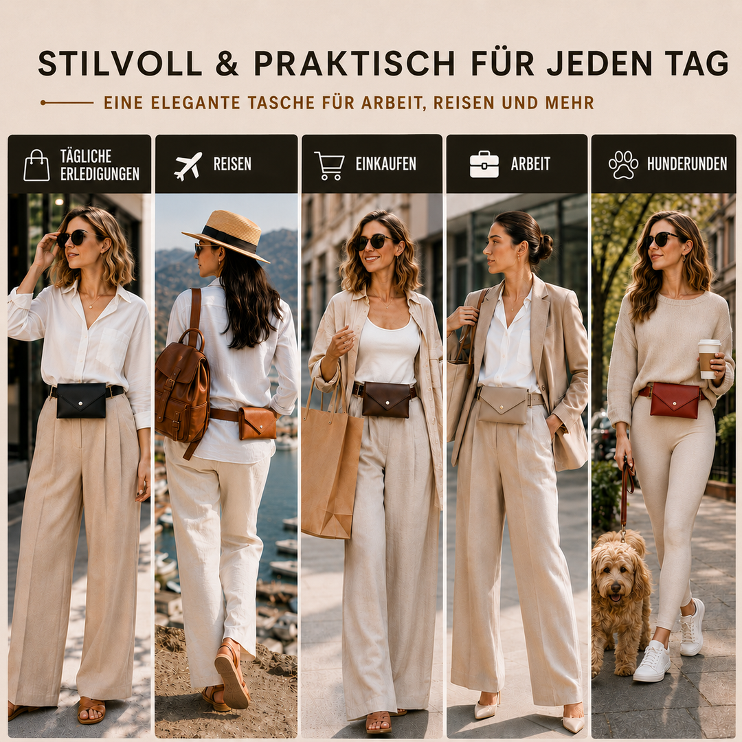 Schicke schwarze Bauchtasche für Damen, aus PU-Leder. Kompakte Umschlag-Gürteltasche mit verstellbarem Gurt.