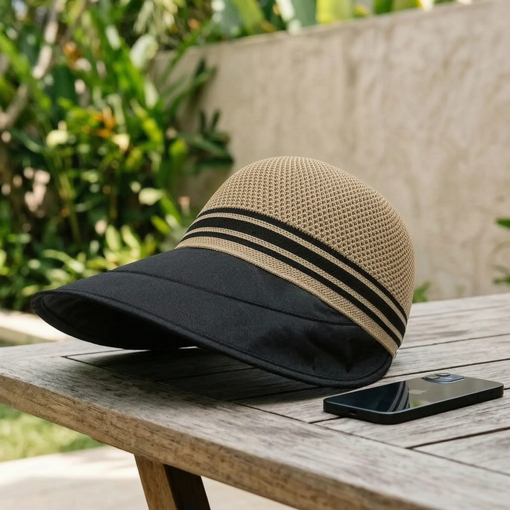 Beige Sommerhut mit breiter Krempe, speziell für Damen, atmungsaktiv & sehr bequem.