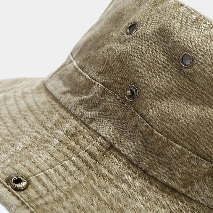 Khaki Herrenhut mit breiter Krempe aus Baumwolle, optimal für Outdoor-Sonnenschutz.