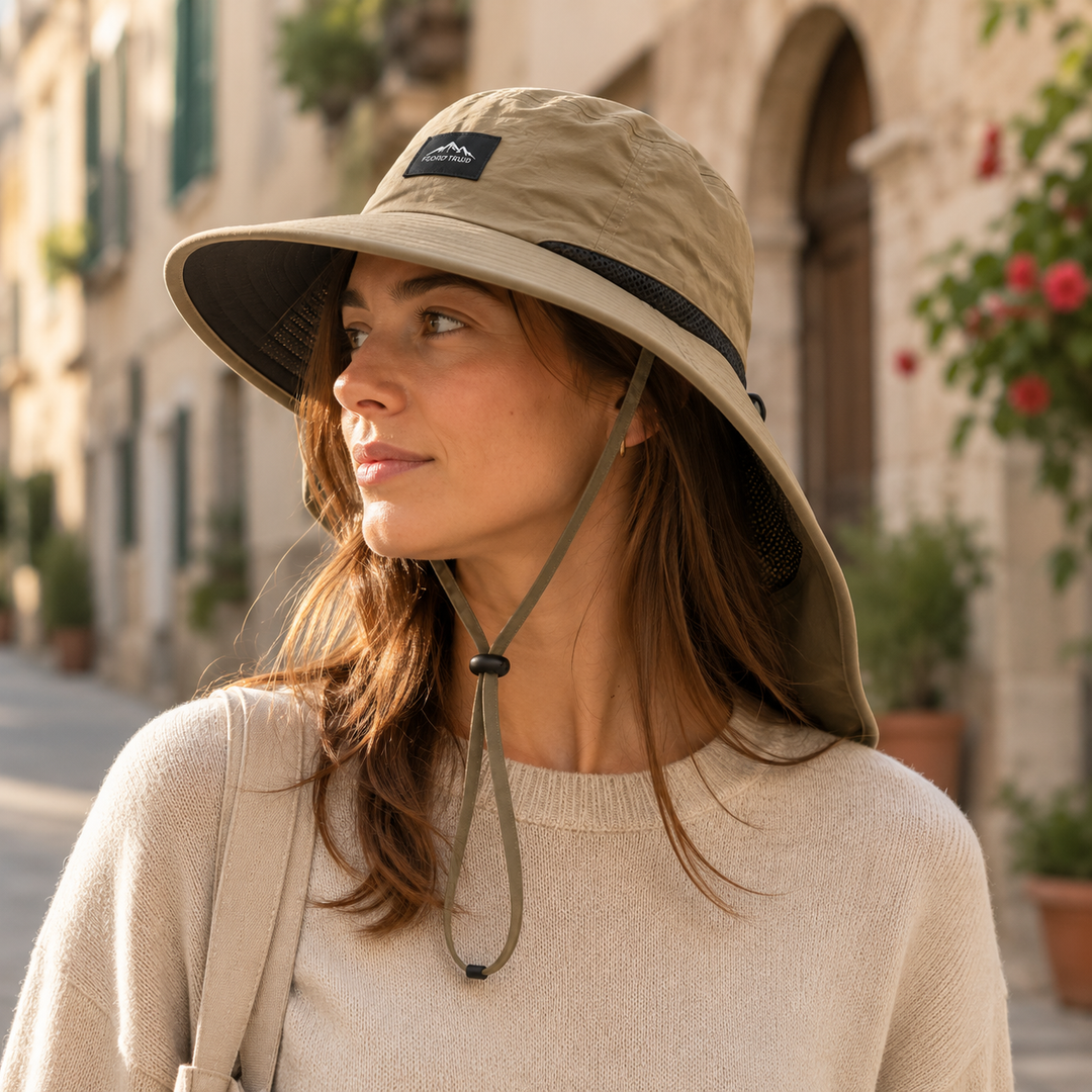 Khakifarbener Outdoor-Sonnenhut, Unisex, mit Nackenschutz, für umfassenden Sonnenschutz.