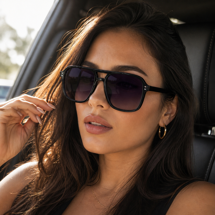 Sonnenbrille retro quadratisch, unisex. Doppelsteg-Optik und UV400 Gläser. Perfekt als Fashion-Accessoire.