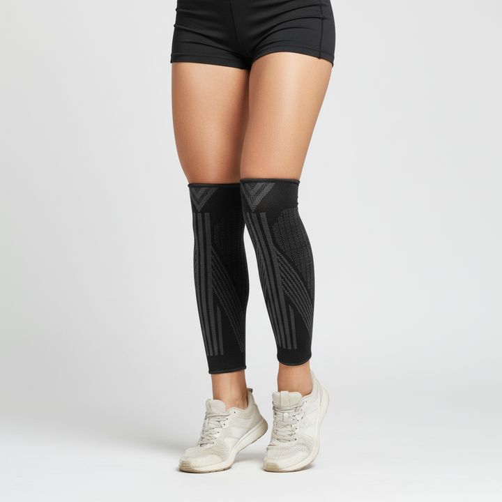 Ein Paar schwarze Unisex Kompressions-Wadenbandagen; ideal für Sport, Laufen, Training & schnelle Regeneration.