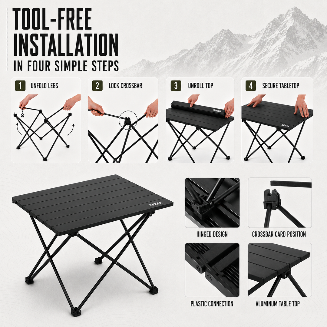 Praktischer Klapptisch für Outdoor-Abenteuer, schnell aufgebaut. Ideal für Camping, Picknick & Gartenpartys.