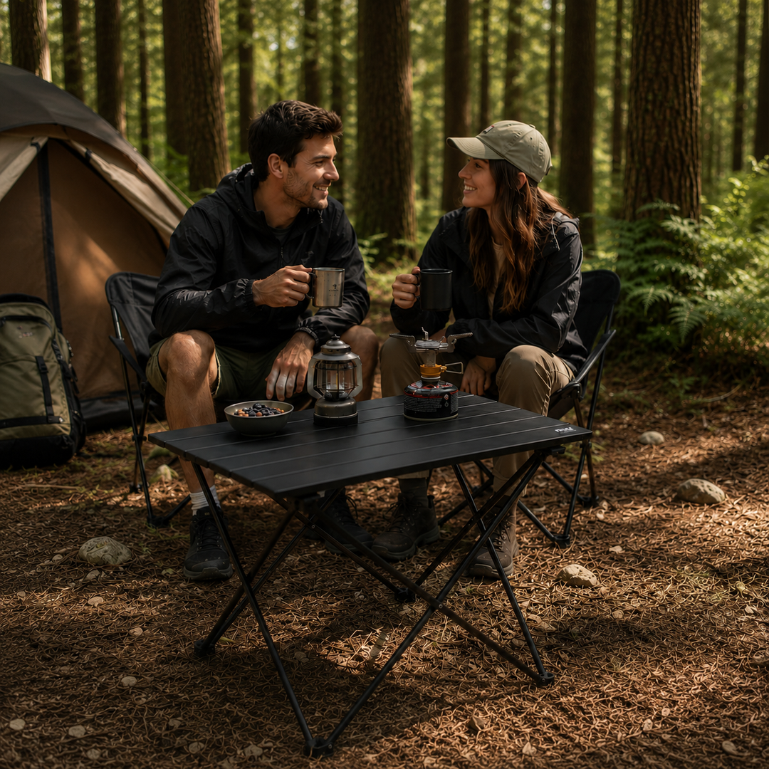 Kompakter Klapptisch neben Zelt, ideal für kleine Gruppen beim Camping oder als Ablage beim Wandern.