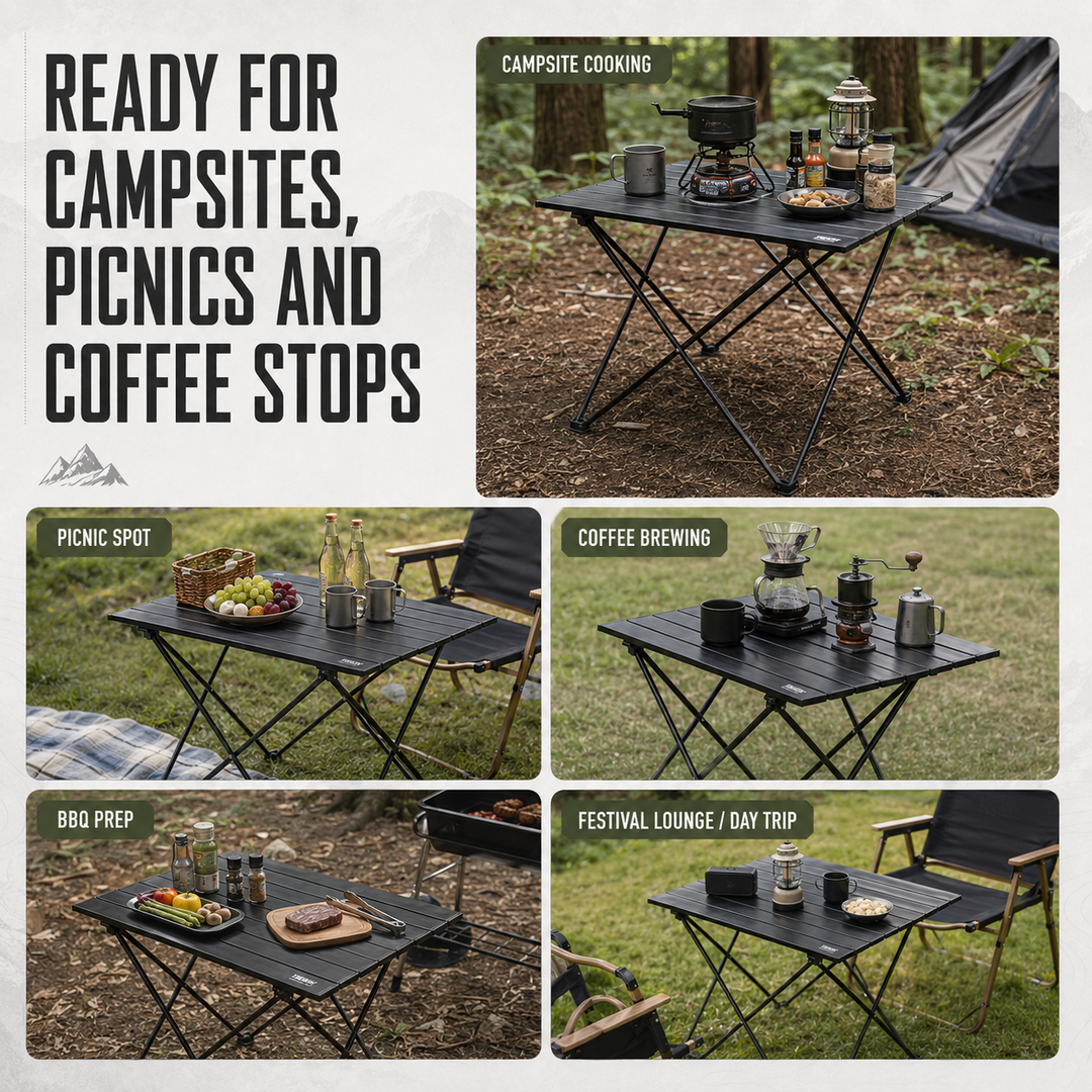 Detailaufnahme des leichten, faltbaren Camping Klapptisches mit robuster, leicht zu reinigender Oberfläche.