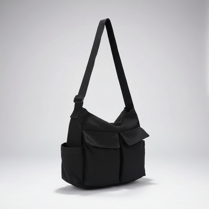 Rückseite der braunen Canvas Satchel mit verstellbarem Schultergurt für optimalen Tragekomfort.