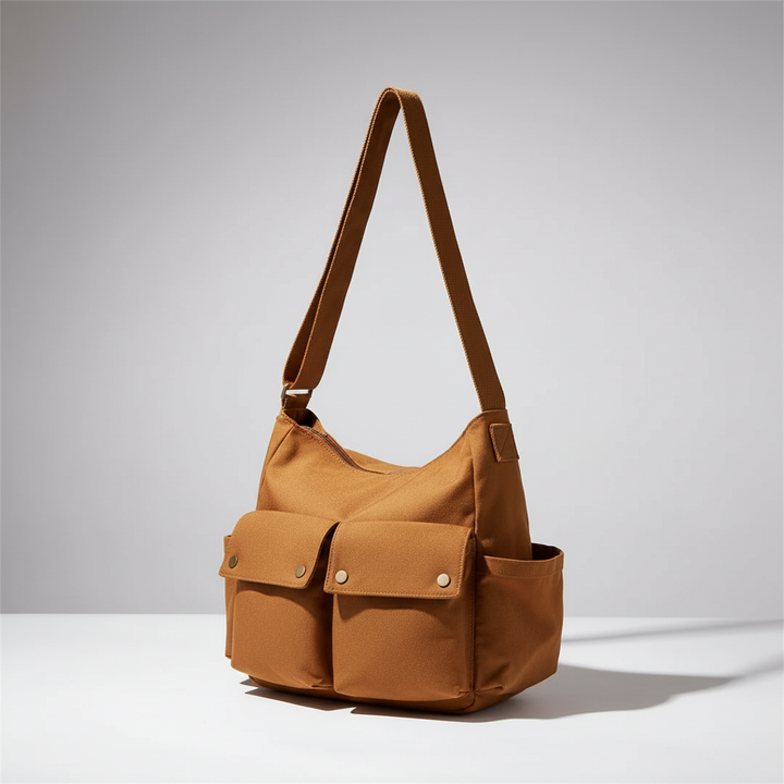Unisex Canvas Schultertasche in Grün auf einem Schreibtisch. Perfekte Begleitung für Uni & Arbeit.
