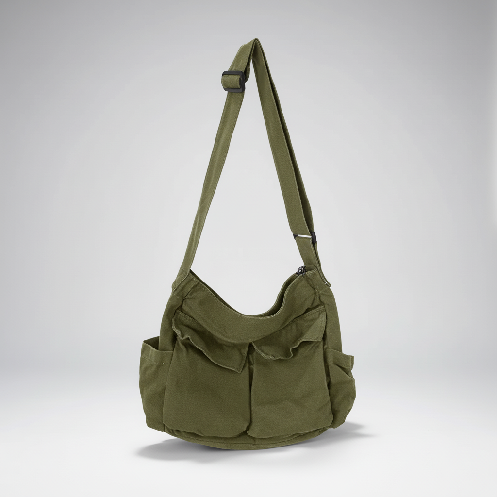 Vielseitige schwarze Canvas Messenger Tasche, ideal als Satchel für Alltag, Uni und Büro.