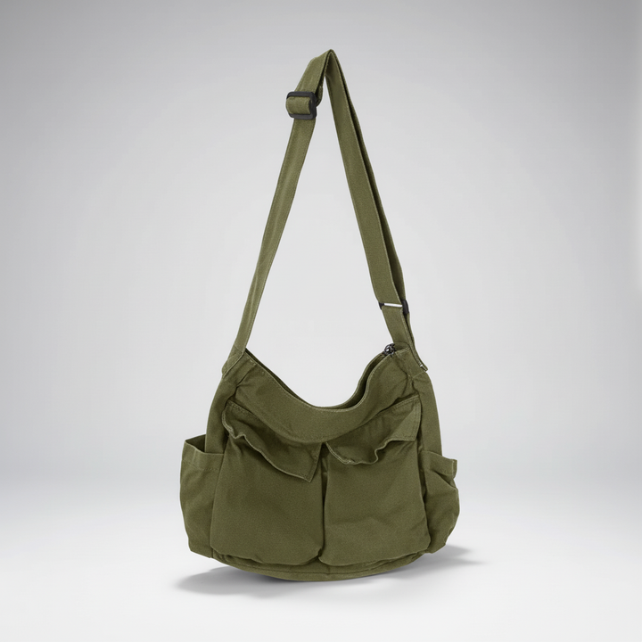 Vielseitige schwarze Canvas Messenger Tasche, ideal als Satchel für Alltag, Uni und Büro.