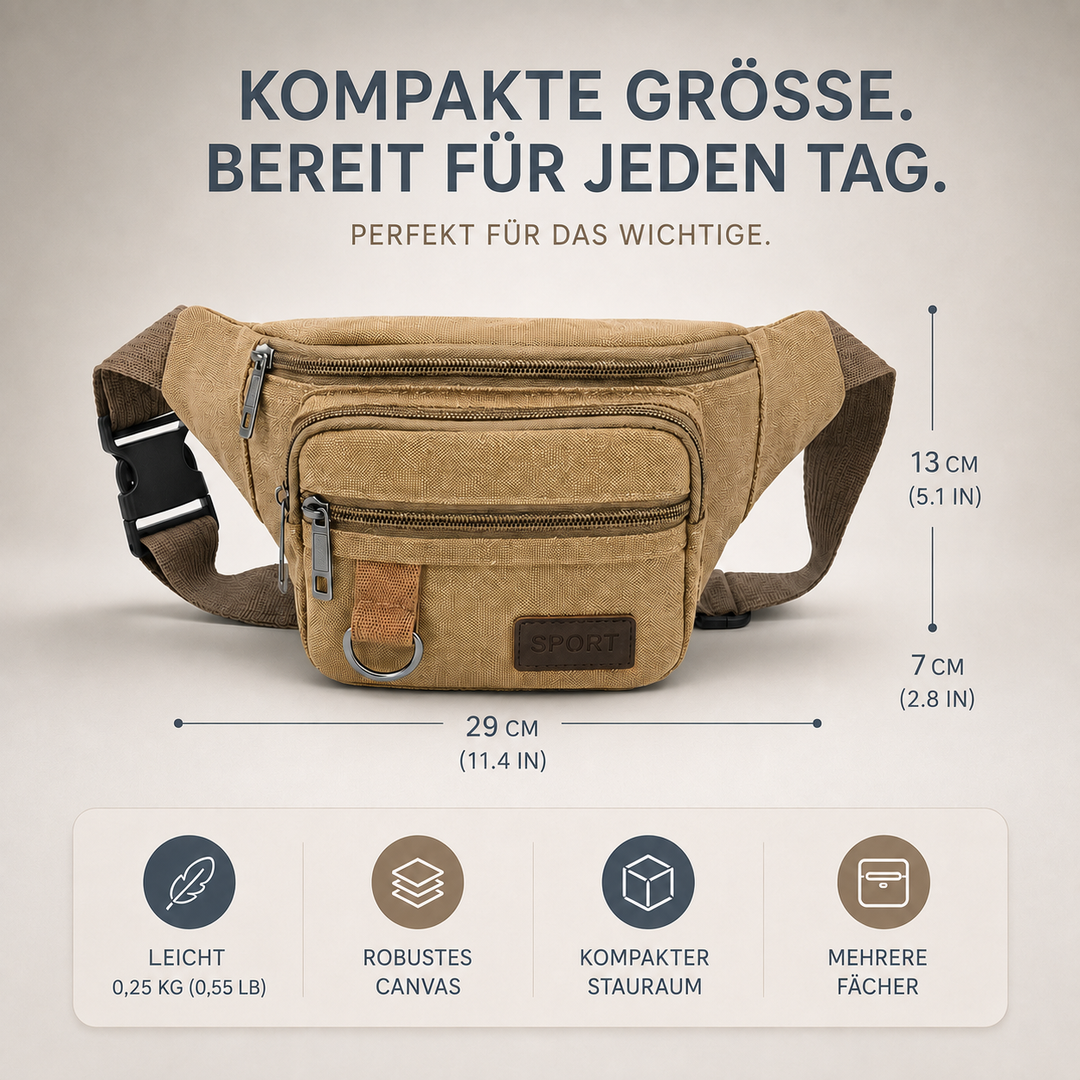 Unisex Reise-Bauchtasche aus festem Canvas, ideal für Dokumente und persönliche Dinge.