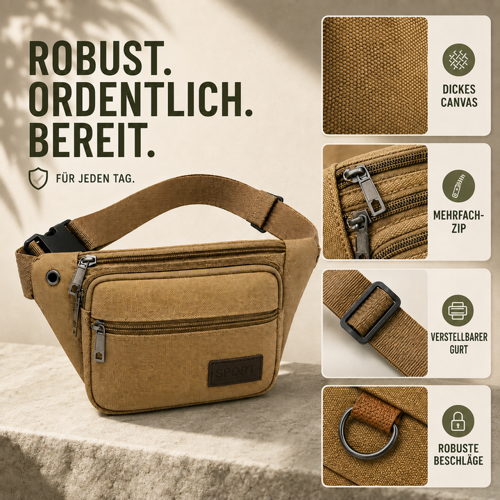 Langlebige Gürteltasche aus Canvas, unisex Design für Outdoor und Städtetrips.
