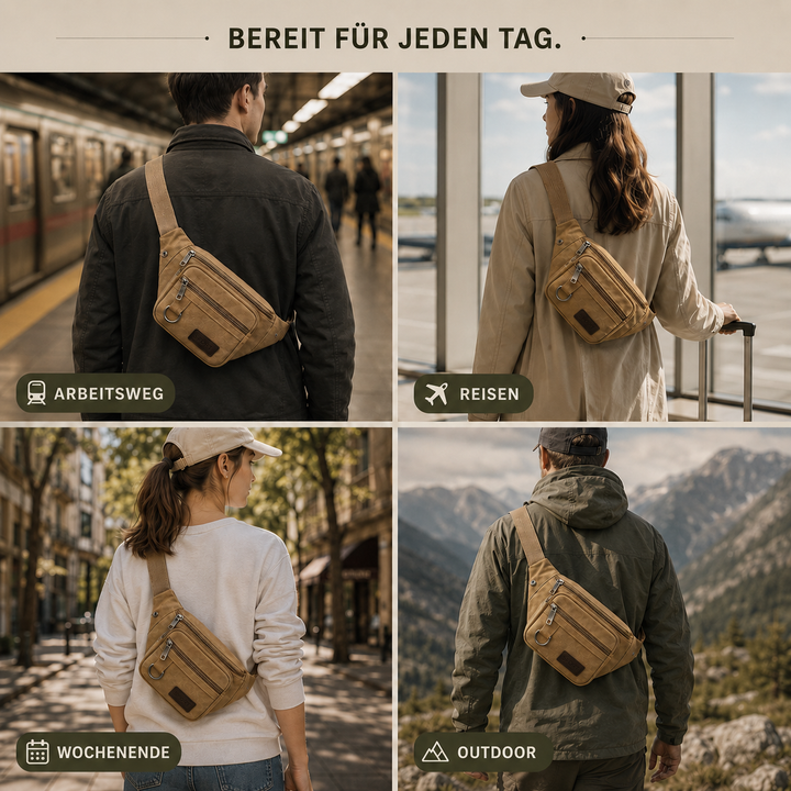 Robuste Unisex Gürteltasche aus Canvas, bequem um Taille oder als Crossbody-Tasche.