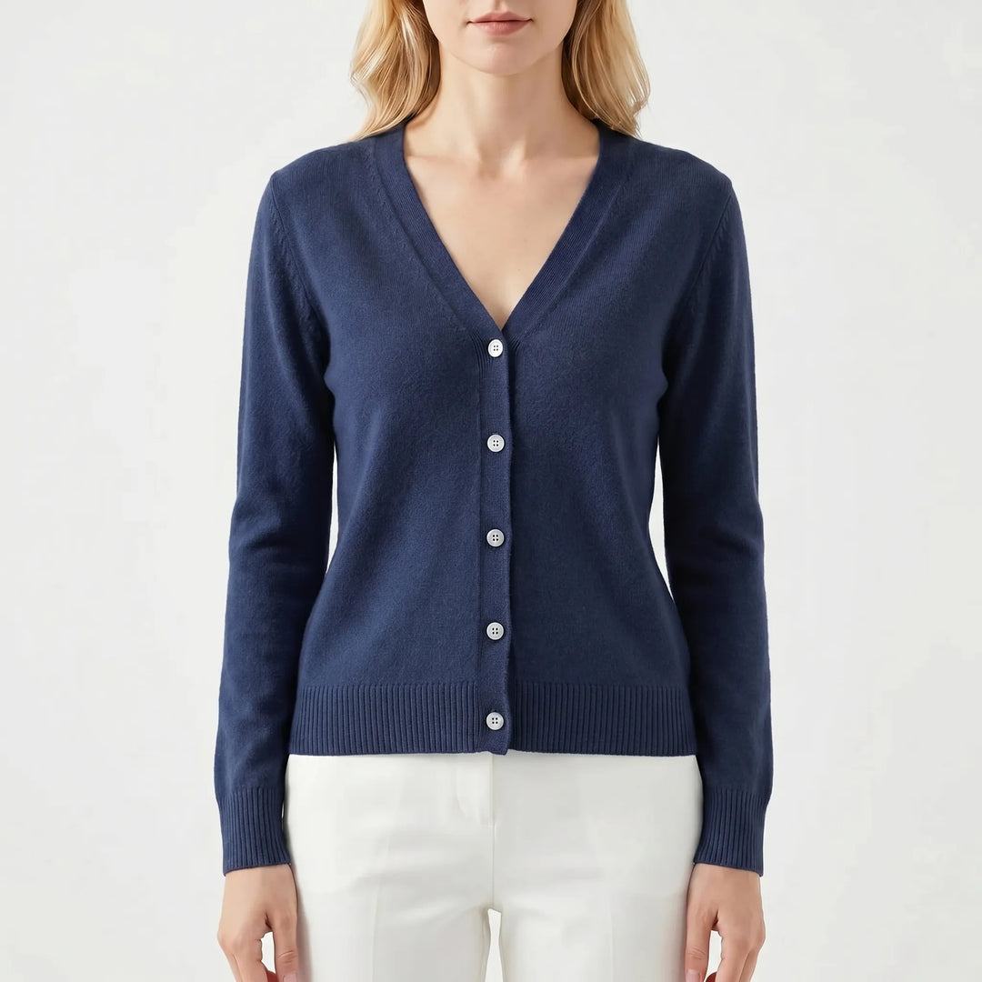 Vielseitige Damen Feinstrick Strickjacke V-Ausschnitt, langarm, ideal für Business und Freizeit.