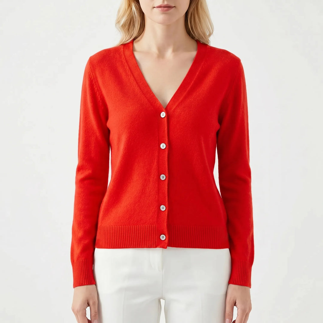 Zeitlose Damen V-Ausschnitt Cardigan, Feinstrick für Komfort und stilvolle Akzente.
