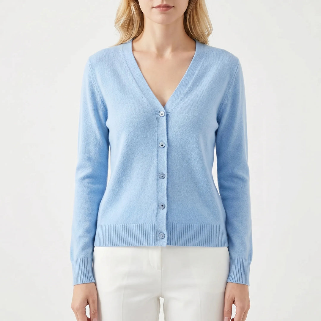 Elegante Damen Feinstrick Cardigan mit V-Ausschnitt, perfekt als Übergangsjacke zum Layering.