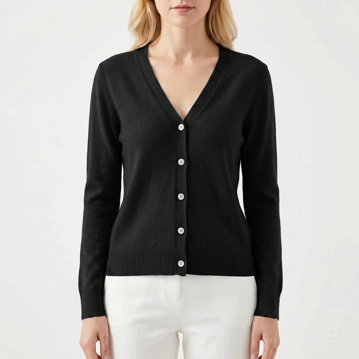 Hochwertige Damen Feinstrick-Strickjacke mit V-Ausschnitt, vielseitig und modisch kombinierbar.