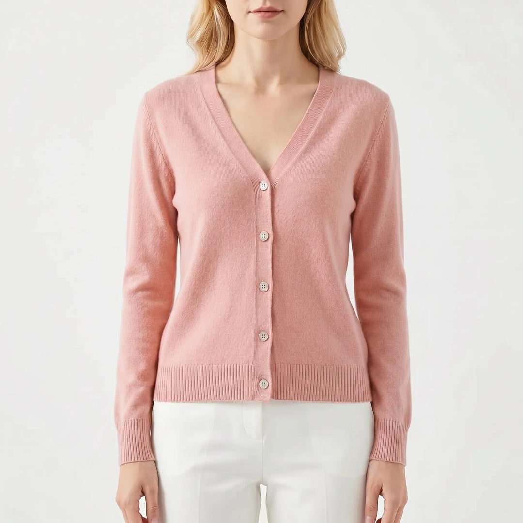 Modische Damen V-Ausschnitt Strickjacke in Feinstrick, bequeme Passform für einen entspannten Look.