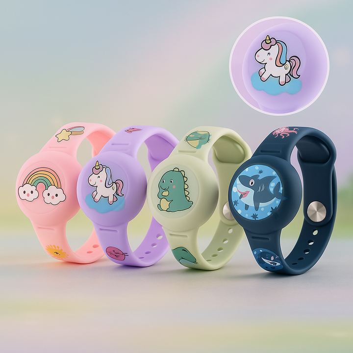 AirTag Halterung Armband Kinder: Rutschfeste Silikonhülle für AirTag, sicher am Handgelenk der Kinder befestigt.