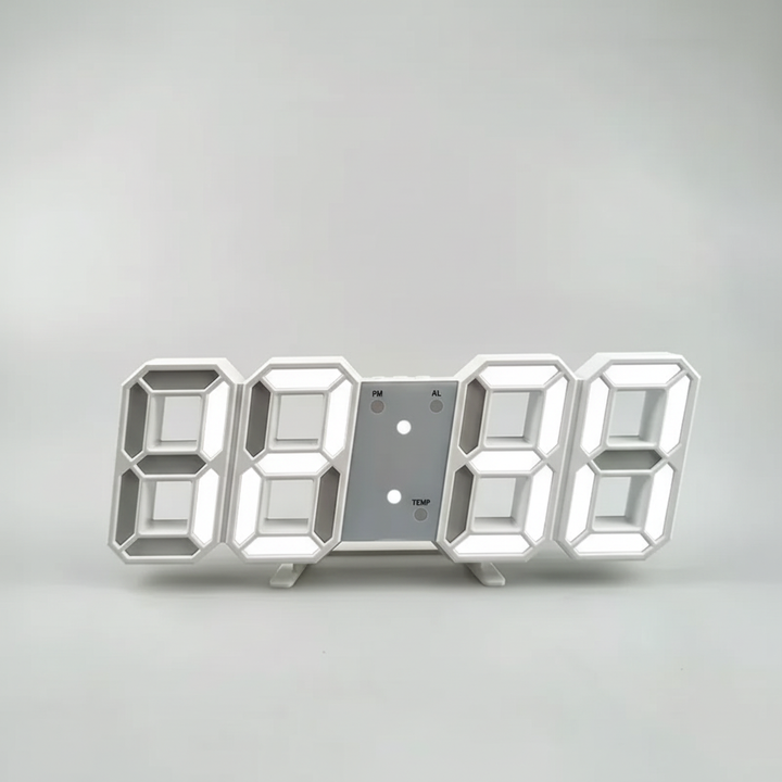 Elegante LED-Wanduhr, zeigt Datum, Uhrzeit und Raumtemperatur. Perfekt für modernes Büro.